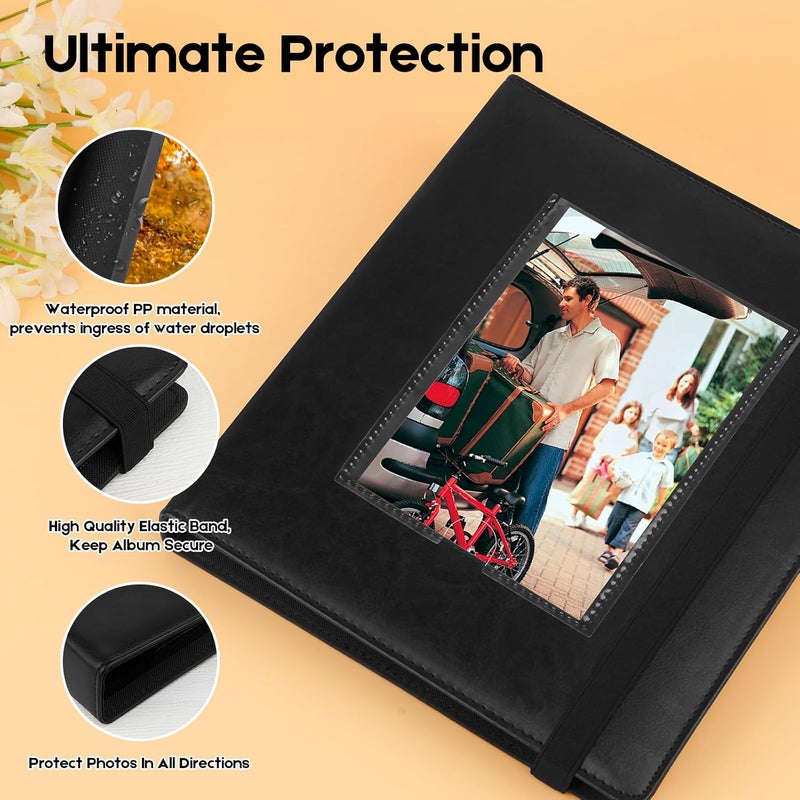 Aevdor Photo Album 4x6, Leather Cover 4x6 Photo Album Black Inner Pages with DIY Front Window, 136 Pockets 4 x 6 Picture Book Holds 136 Baby Wedding Family Anniversary Vacations Pictures (Black) - Image 2